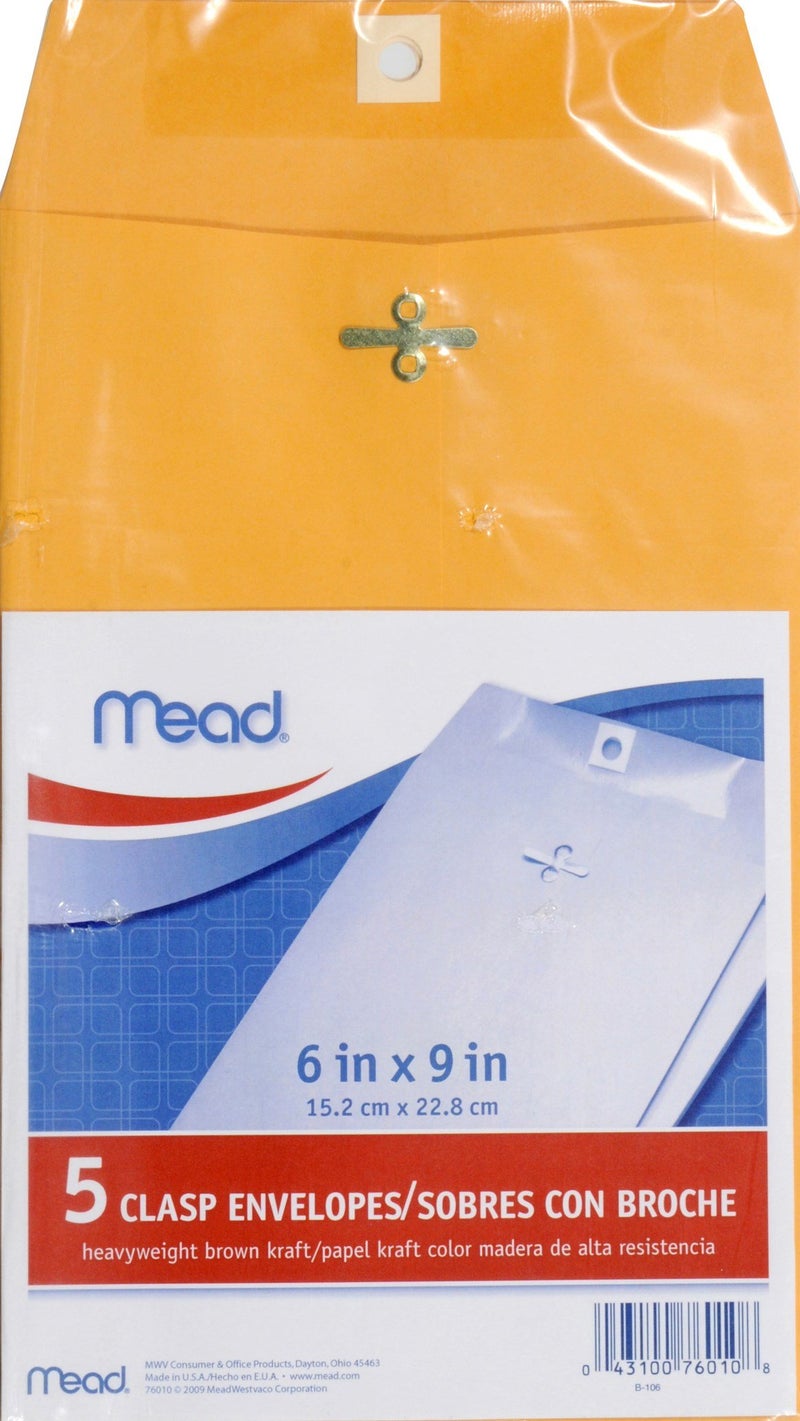 MeadWestvaco 76010 6" X 9" Heavyweight Kraft Clasp Envelopes 5 Count